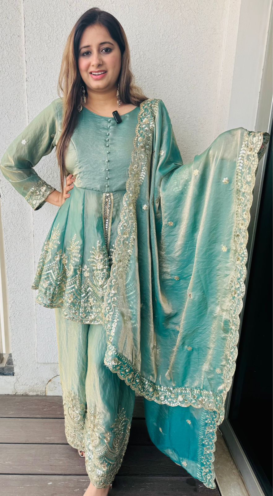 Vaelis | Emerald Green Organza Peplum Sharara Set with Heavy Sequin Zari Embroidery and Dupatta for Wedding & Festive Wear