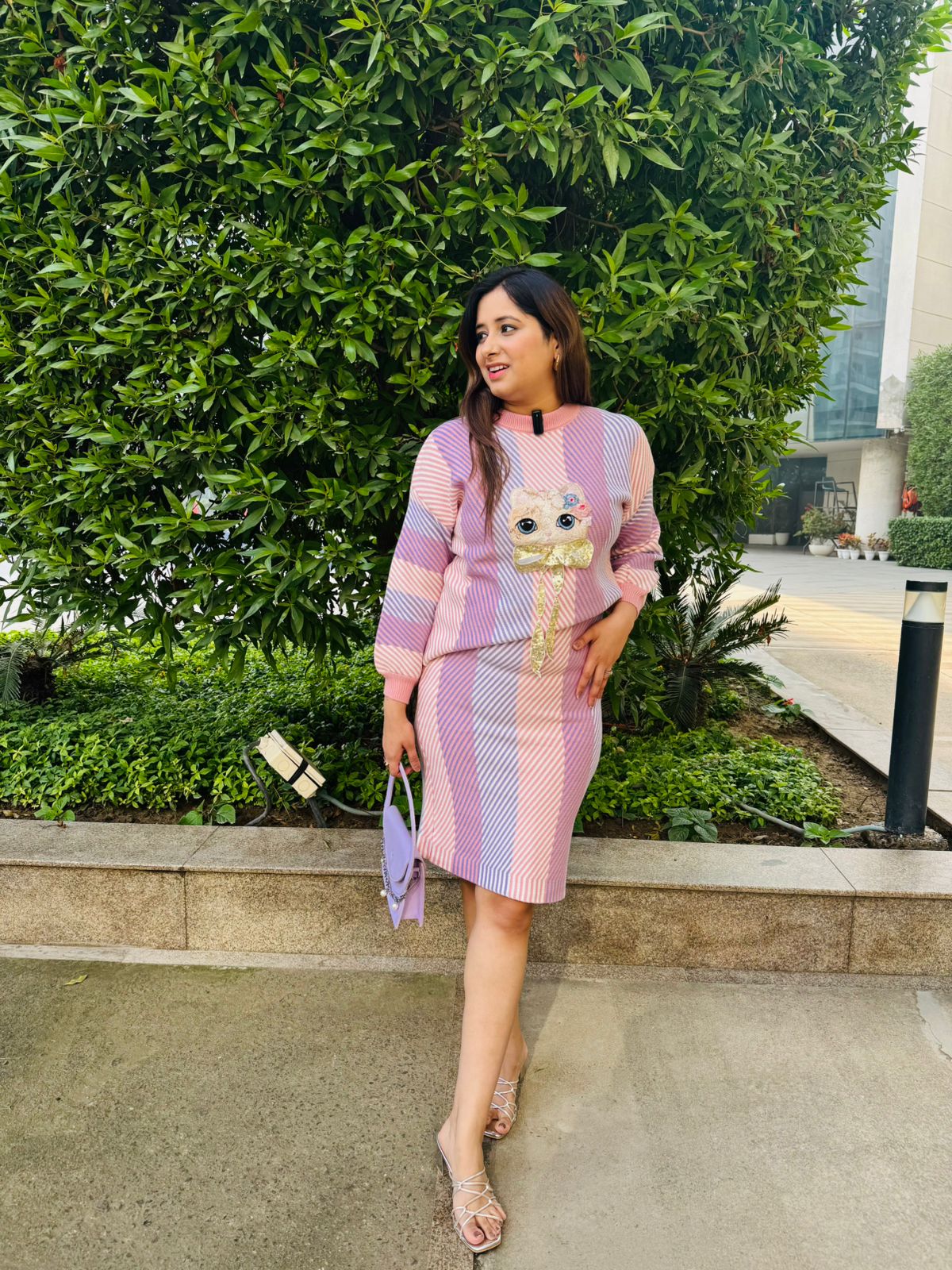 Amaris | Pastel Striped Knitted Co‑Ord Set with Cute Cat Applique Sweater and Bodycon Skirt for Winter Casual Wear