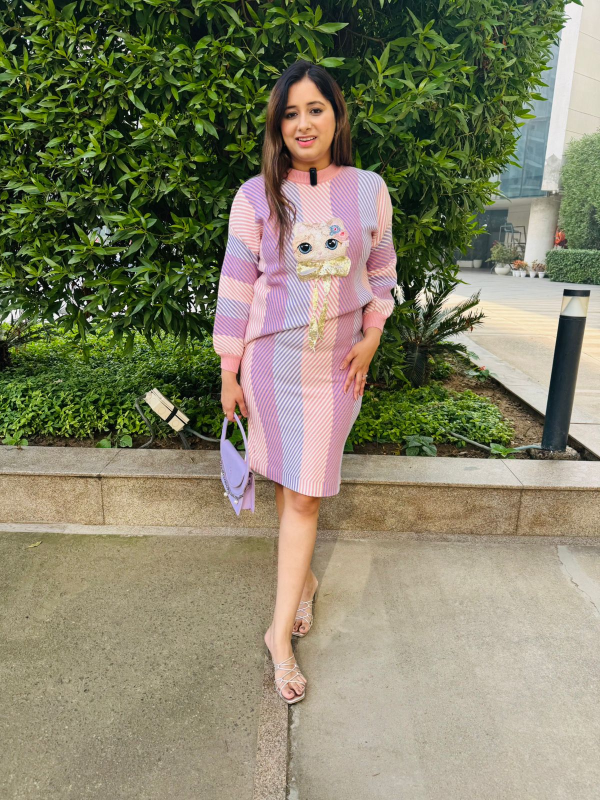 Amaris | Pastel Striped Knitted Co‑Ord Set with Cute Cat Applique Sweater and Bodycon Skirt for Winter Casual Wear