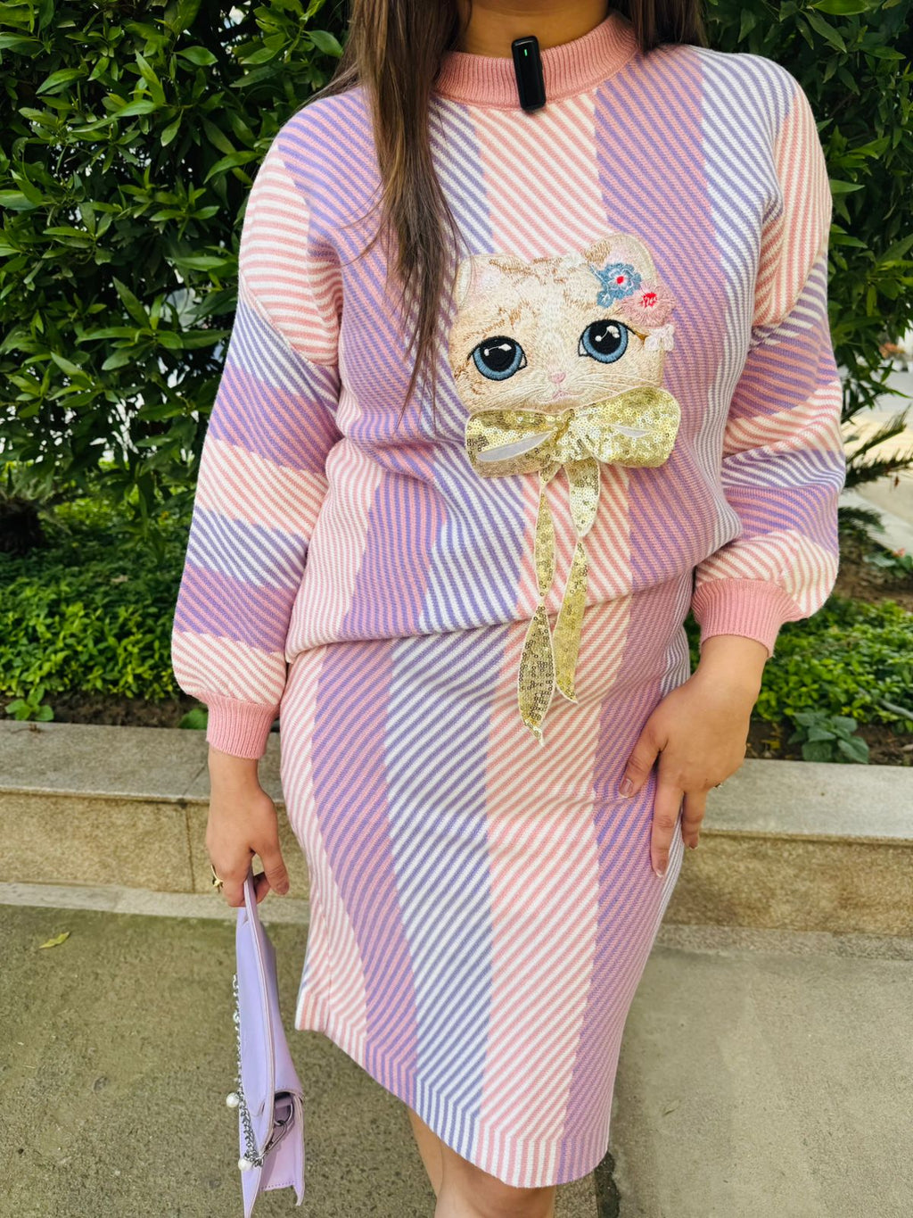 Amaris | Pastel Striped Knitted Co‑Ord Set with Cute Cat Applique Sweater and Bodycon Skirt for Winter Casual Wear