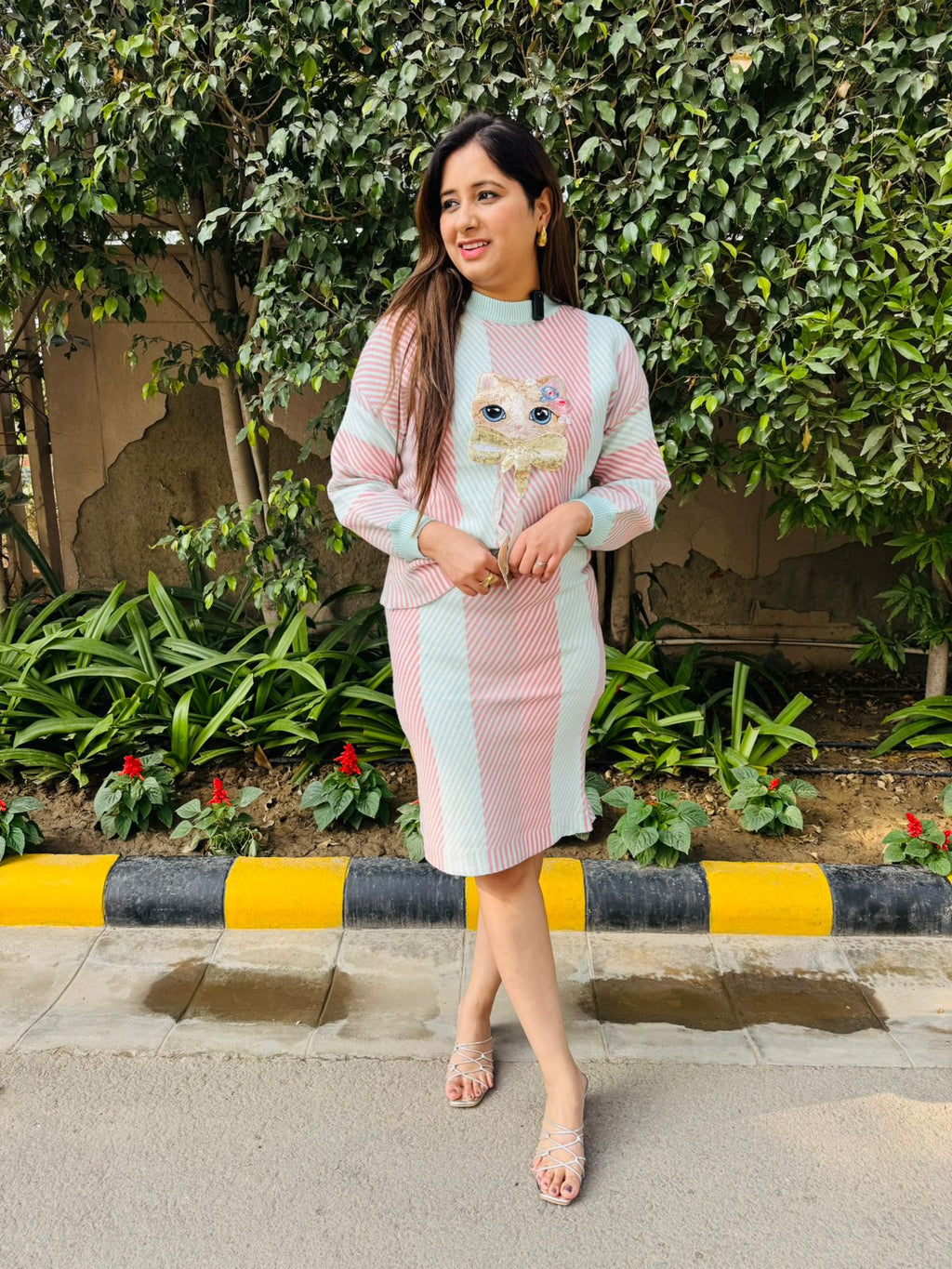 Virelle | Mint Pink Striped Knitted Co‑Ord Set with Cute Cat Applique Sweater and Bodycon Skirt for Winter Casual Wear