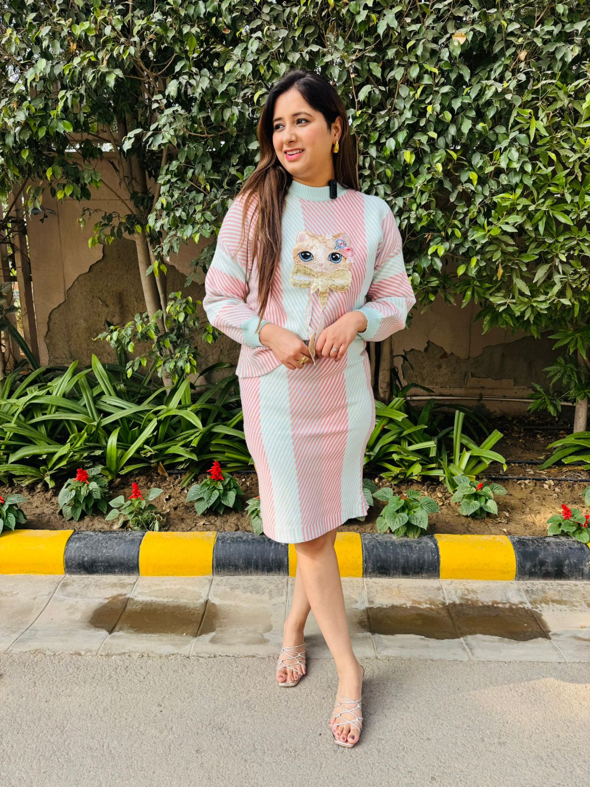 Virelle | Mint Pink Striped Knitted Co‑Ord Set with Cute Cat Applique Sweater and Bodycon Skirt for Winter Casual Wear