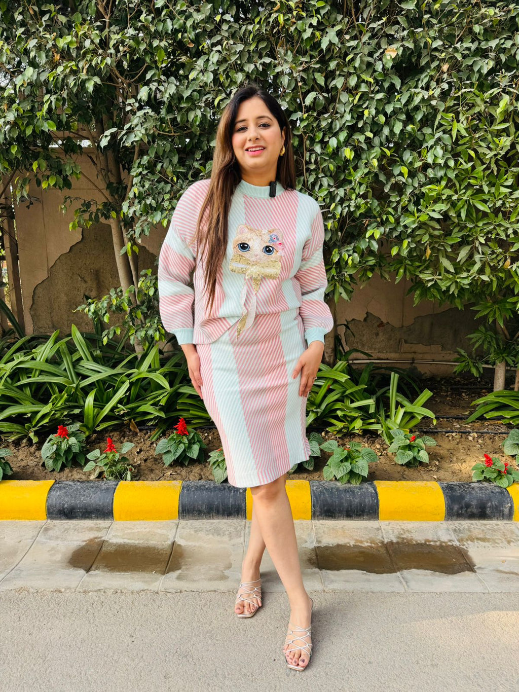 Virelle | Mint Pink Striped Knitted Co‑Ord Set with Cute Cat Applique Sweater and Bodycon Skirt for Winter Casual Wear