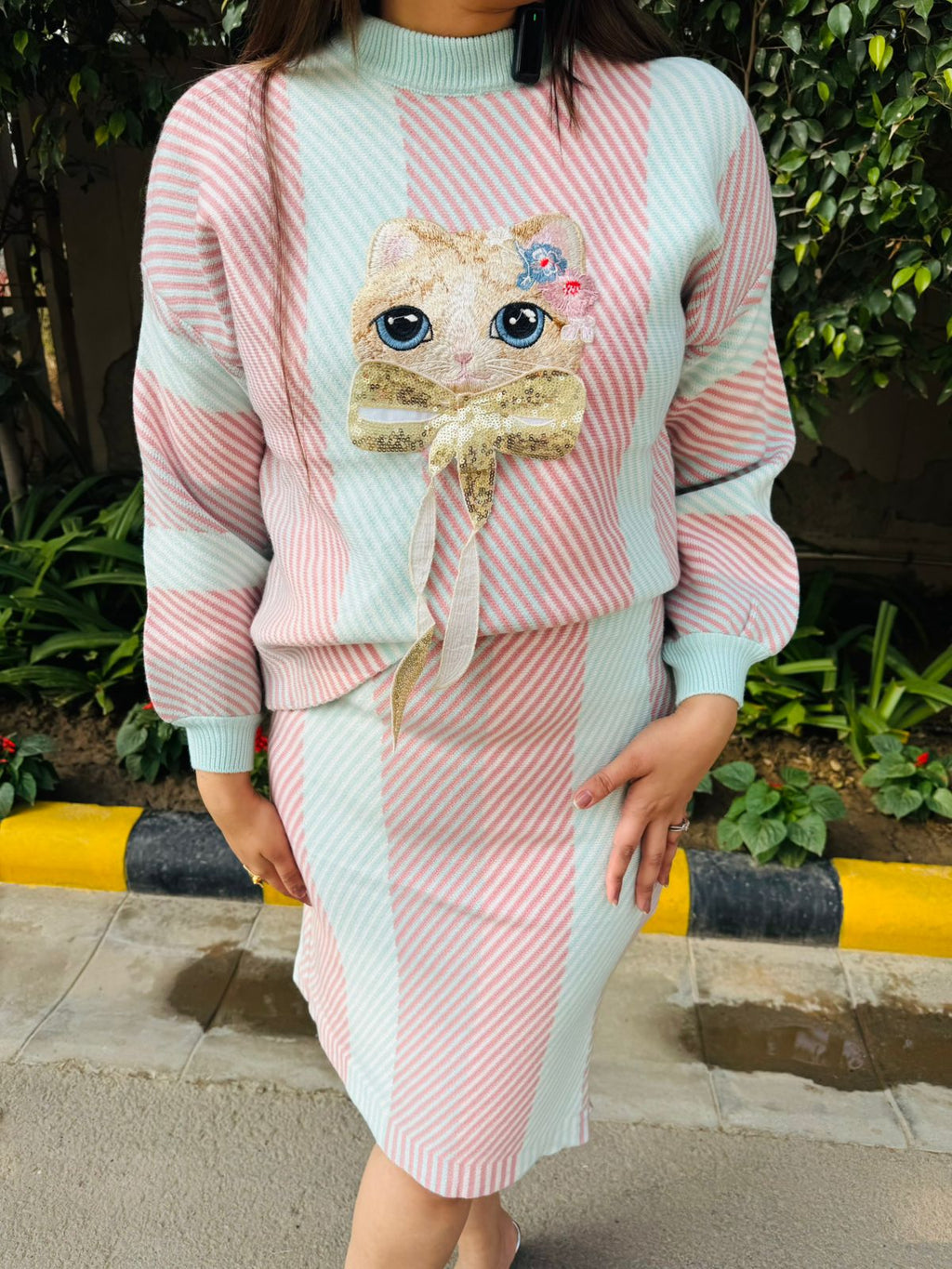 Virelle | Mint Pink Striped Knitted Co‑Ord Set with Cute Cat Applique Sweater and Bodycon Skirt for Winter Casual Wear