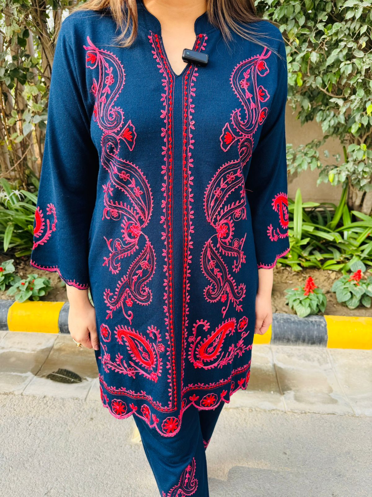 Nysa | Navy Blue Woollen Embroidered Kurta Pant Co‑Ord Set with Kashmiri Paisley Work for Winter Ethnic & Office Wear