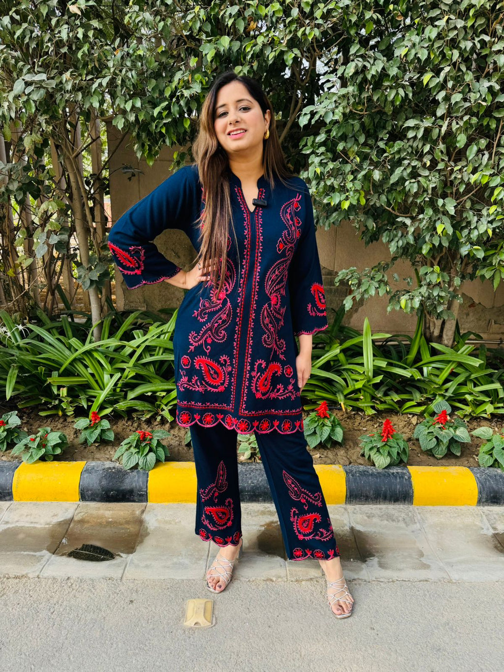 Nysa | Navy Blue Woollen Embroidered Kurta Pant Co‑Ord Set with Kashmiri Paisley Work for Winter Ethnic & Office Wear