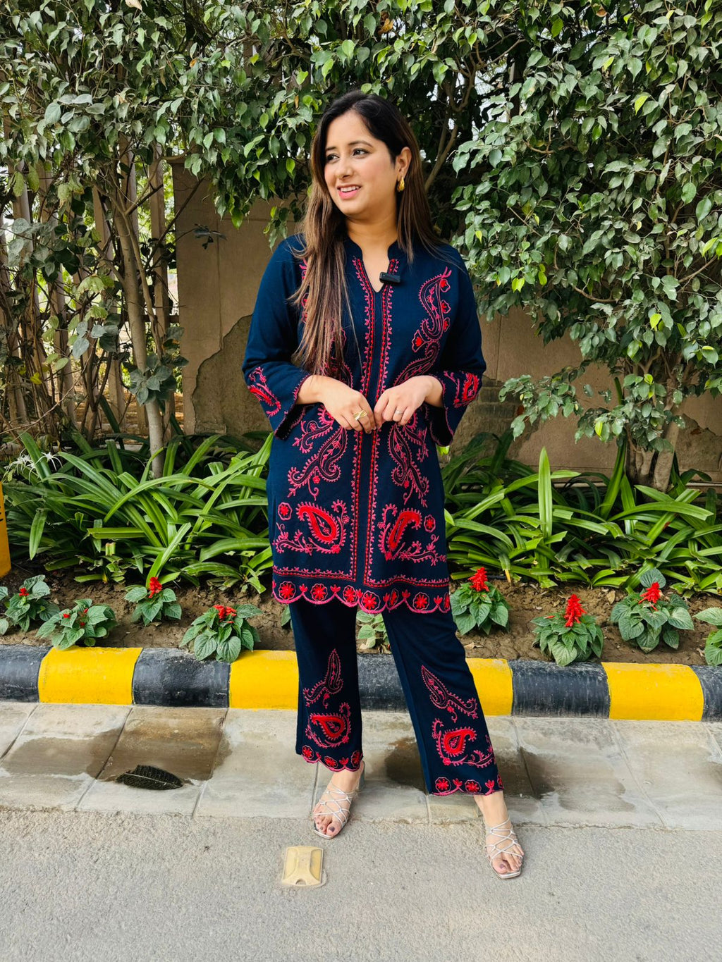 Nysa | Navy Blue Woollen Embroidered Kurta Pant Co‑Ord Set with Kashmiri Paisley Work for Winter Ethnic & Office Wear