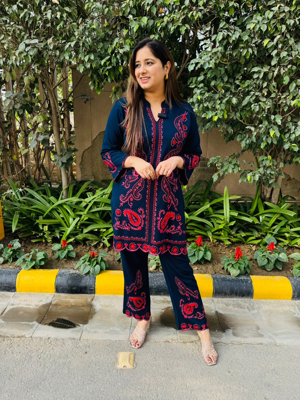 Nysa | Navy Blue Woollen Embroidered Kurta Pant Co‑Ord Set with Kashmiri Paisley Work for Winter Ethnic & Office Wear