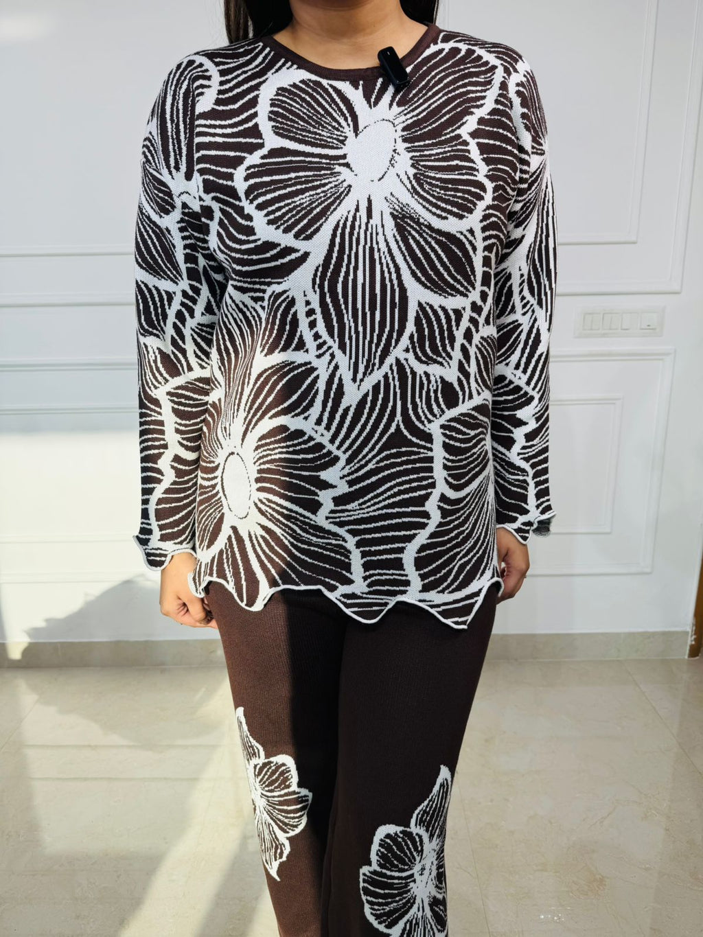 Luneth | Chocolate Brown Floral Knitted Co‑Ord Set with Oversized Sweater and Straight Pants for Winter Casual & Brunch Wear