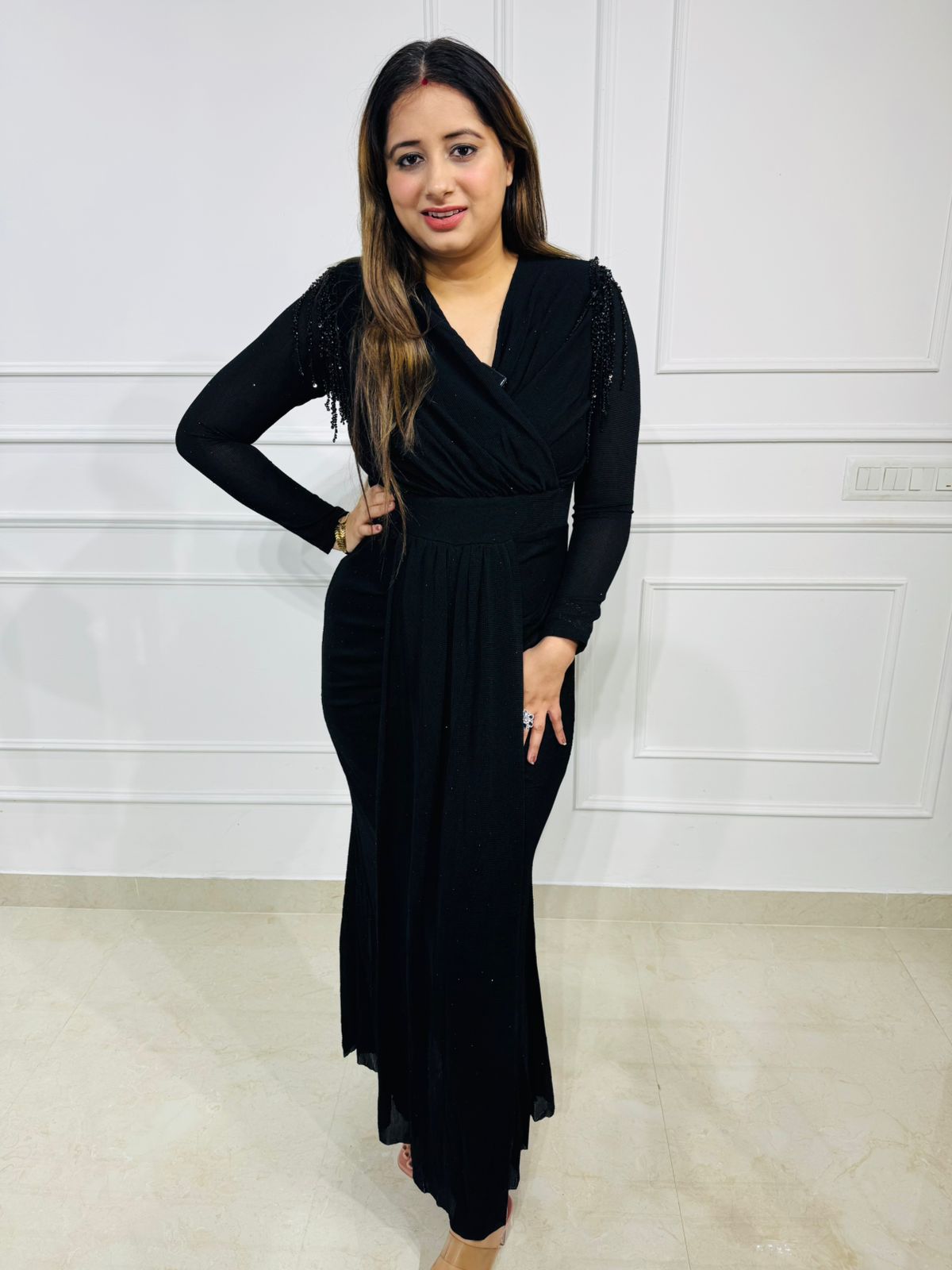 Silqora | Black Beaded Shoulder Maxi Gown