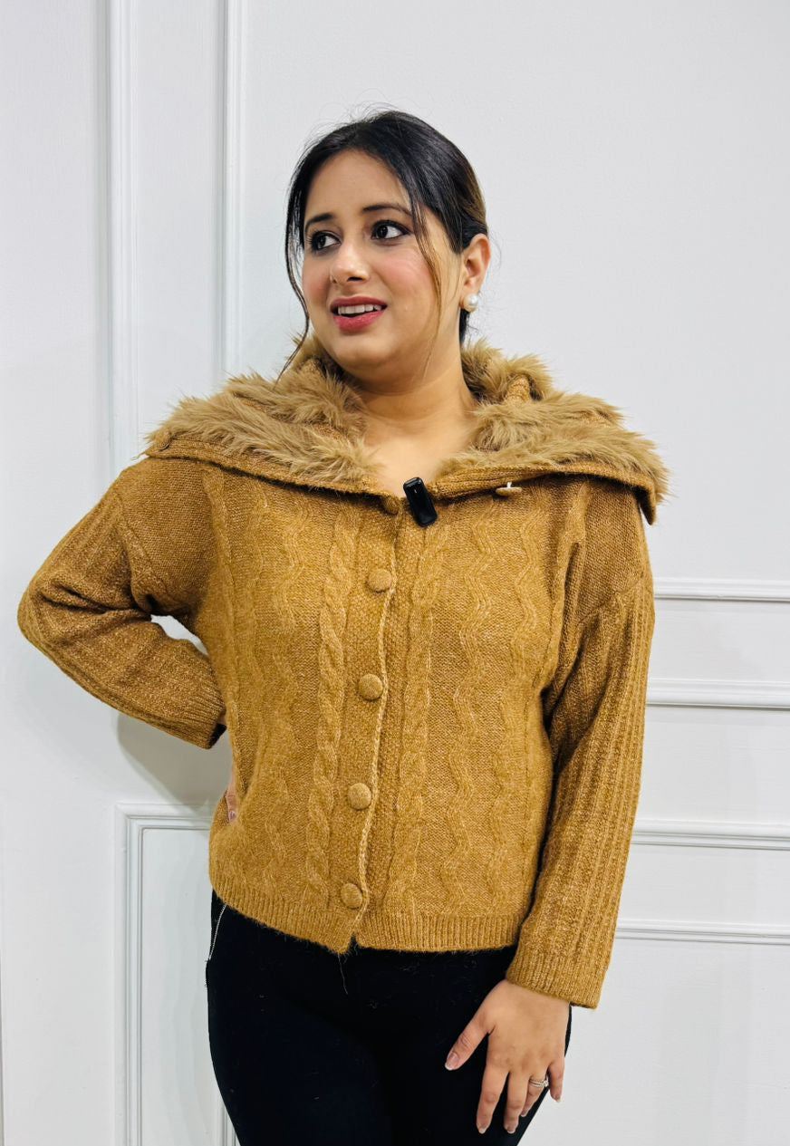 Amberi Fur-Hooded Cable Knit Cardigan