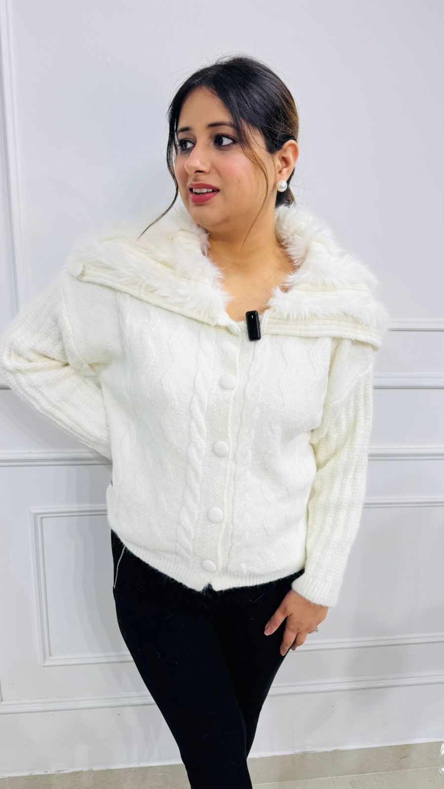 Amberi (White) Fur-Hooded Cable Knit Cardigan