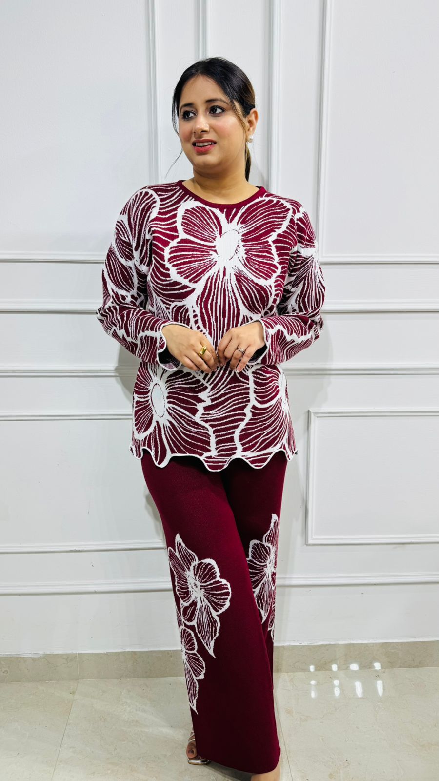 Bloomora | Floral Knit Co‑ord Set for Women | Amvonz Winter Loungewear