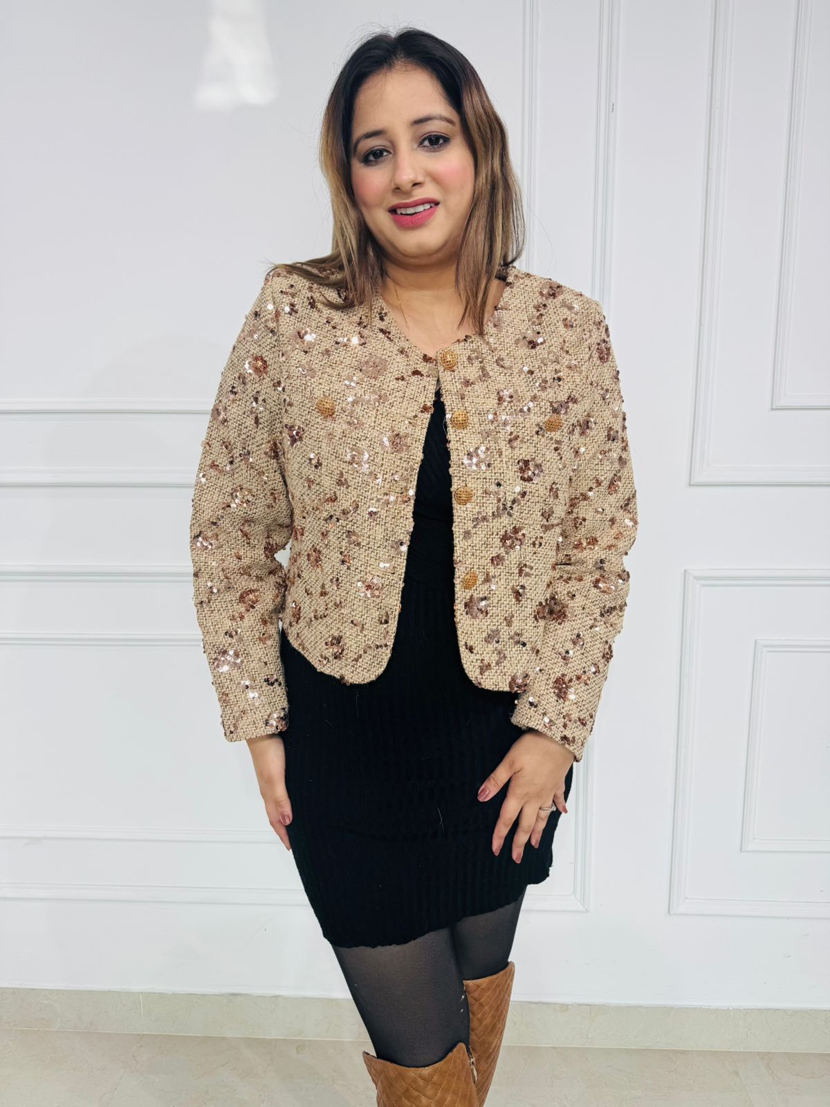 Glimmer | Champagne Sequin Tweed Cropped Jacket