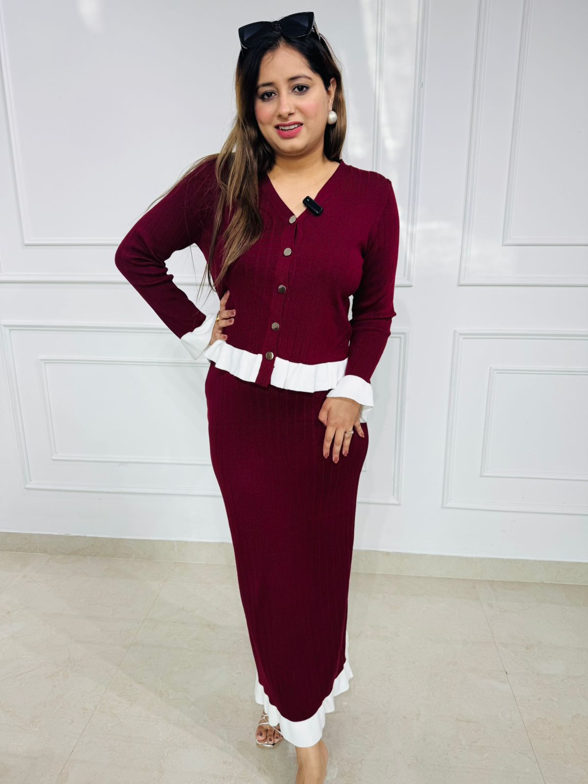 Winewave | Ribbed Knit Co-ord Set with Contrast Ruffles