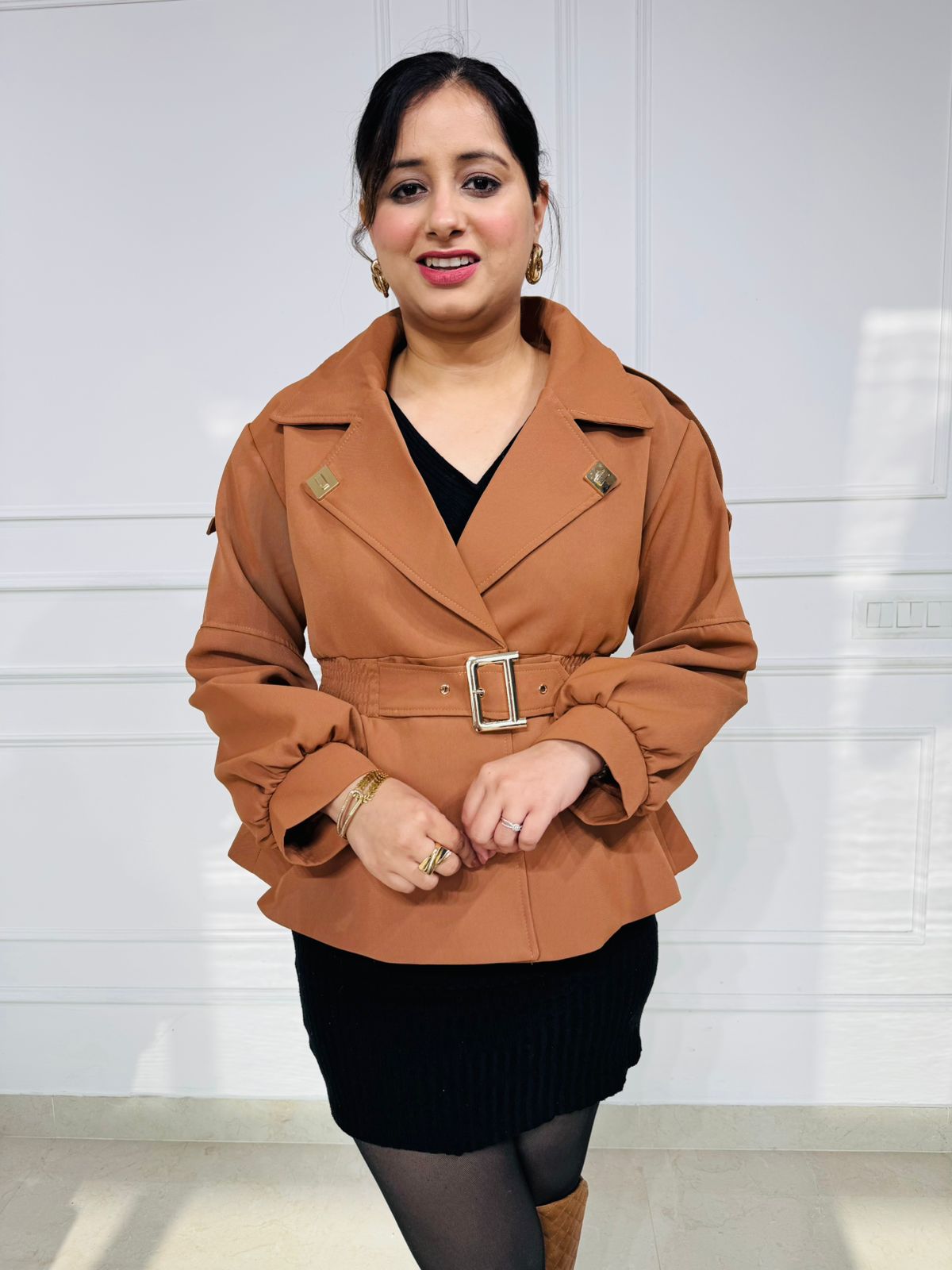 Caramelyn | Camel Belted Trench Jacket for Women – Peplum Style Winter Layer