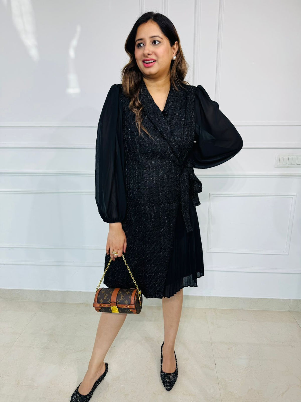 Ronin | Black Tweed Wrap Dress with Sheer Puff Sleeves and Pleated Panel for Elegant Winter Party & Office Wear