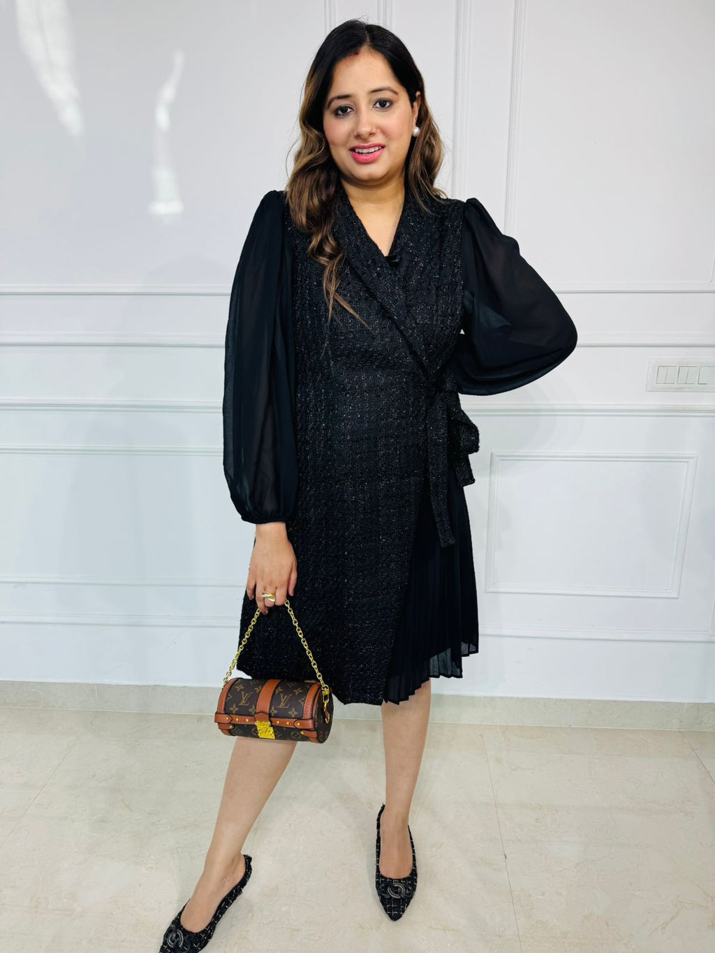 Ronin | Black Tweed Wrap Dress with Sheer Puff Sleeves and Pleated Panel for Elegant Winter Party & Office Wear