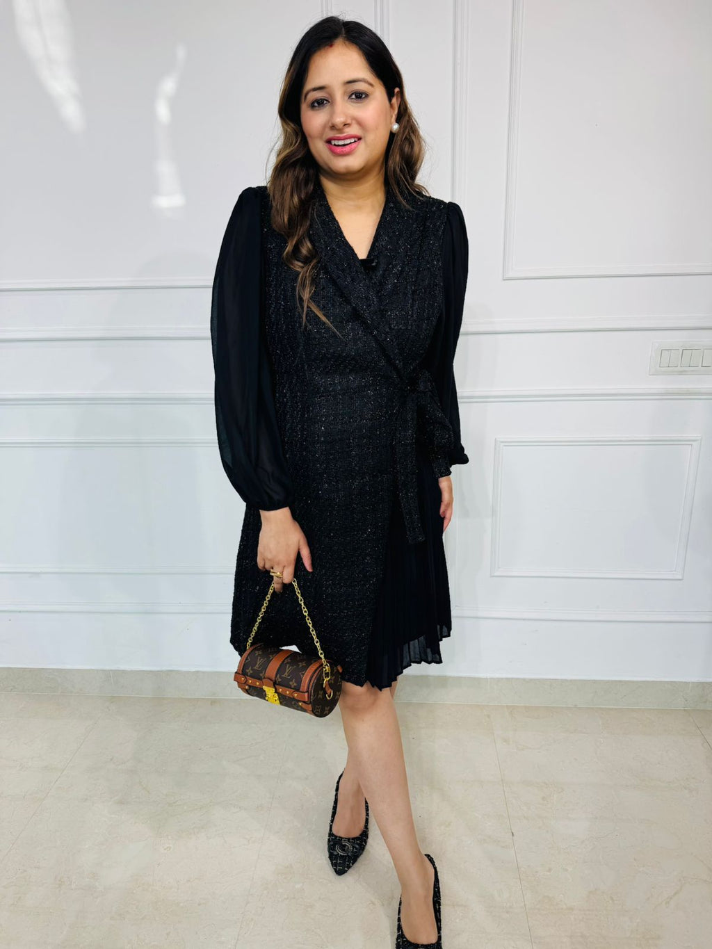 Ronin | Black Tweed Wrap Dress with Sheer Puff Sleeves and Pleated Panel for Elegant Winter Party & Office Wear