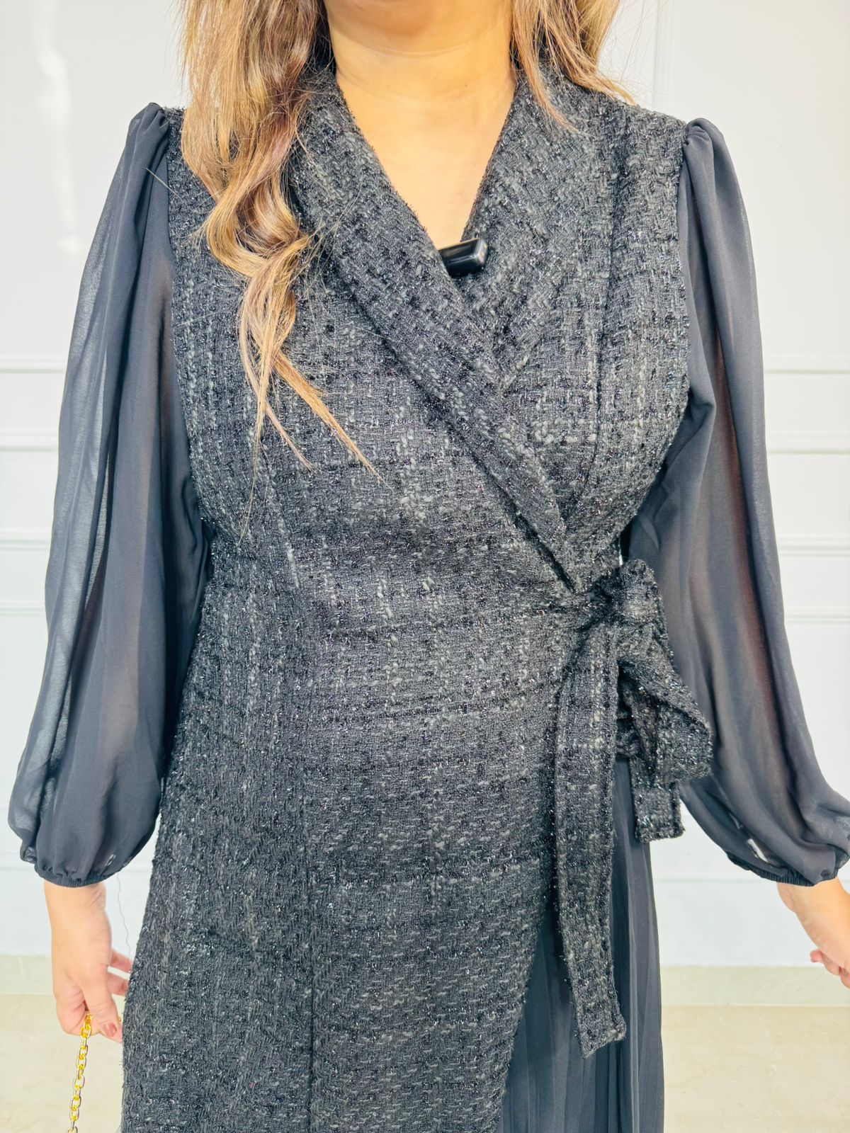 Ronin | Black Tweed Wrap Dress with Sheer Puff Sleeves and Pleated Panel for Elegant Winter Party & Office Wear