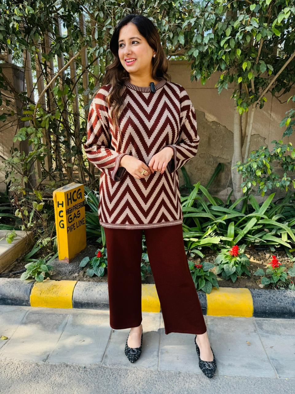 Arinelle | Maroon Zigzag Knitted Co‑Ord Set with Oversized Sweater and Wide‑Leg Pants for Stylish Winter Casual Wear