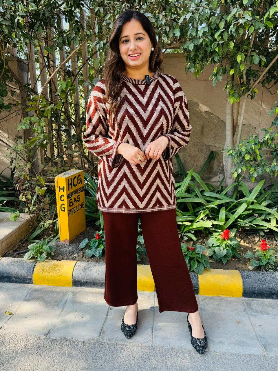 Arinelle | Maroon Zigzag Knitted Co‑Ord Set with Oversized Sweater and Wide‑Leg Pants for Stylish Winter Casual Wear