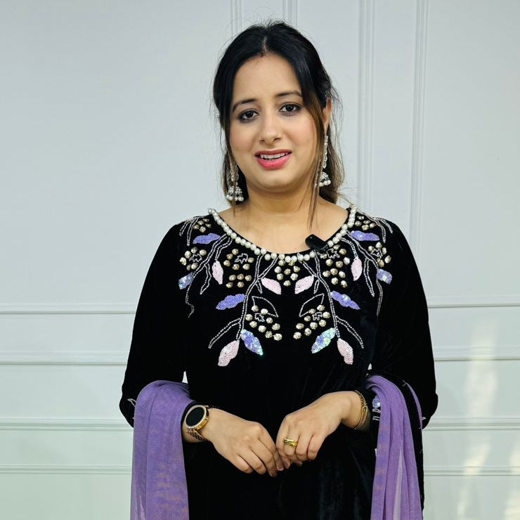 Vale | Black Velvet Handwork Kurta Pant Dupatta Set with Multicolour Pearl Embroidery and Purple Dupatta for Festive & Wedding Wear