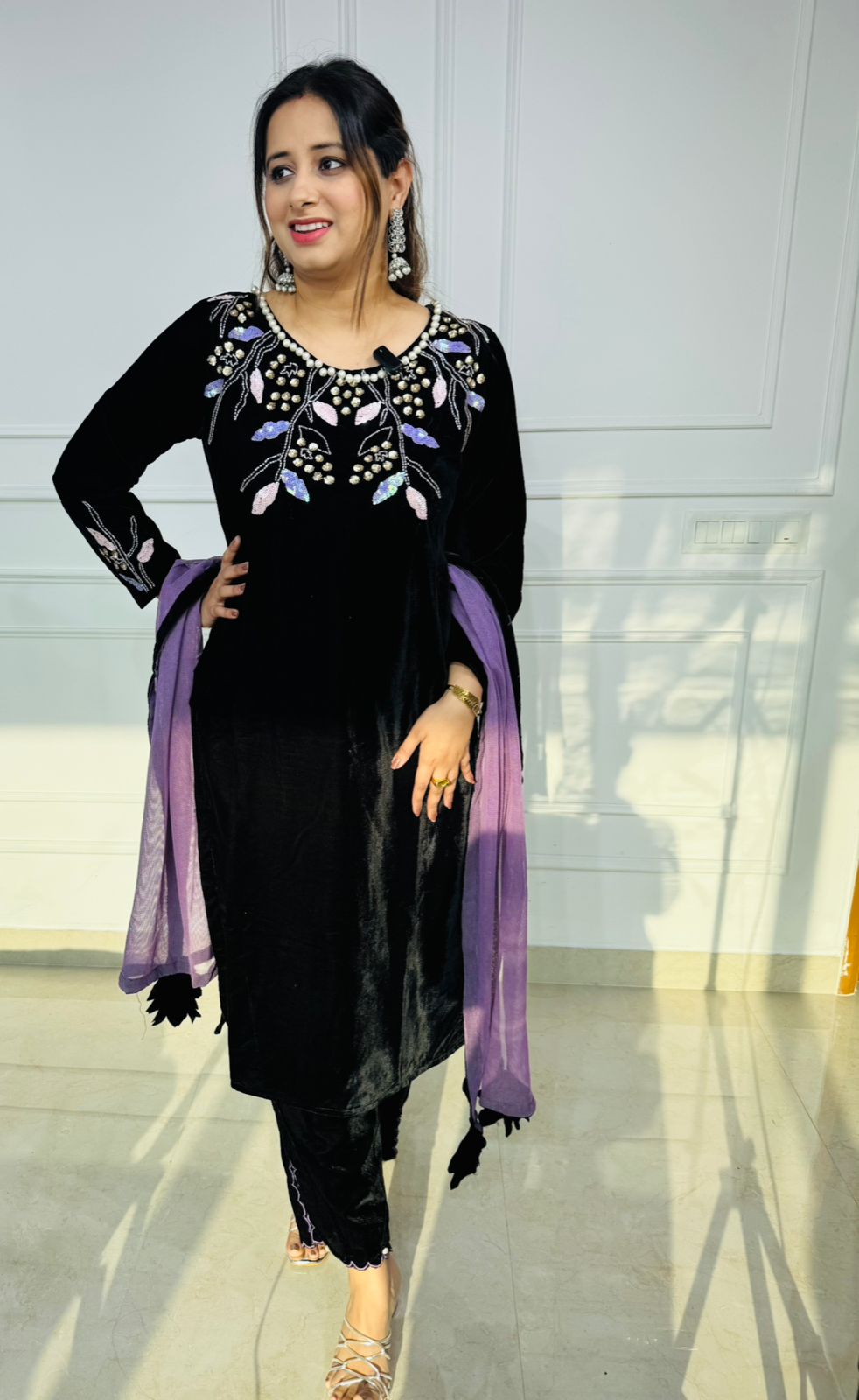 Vale | Black Velvet Handwork Kurta Pant Dupatta Set with Multicolour Pearl Embroidery and Purple Dupatta for Festive & Wedding Wear