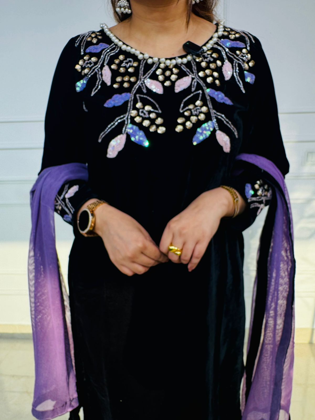 Vale | Black Velvet Handwork Kurta Pant Dupatta Set with Multicolour Pearl Embroidery and Purple Dupatta for Festive & Wedding Wear