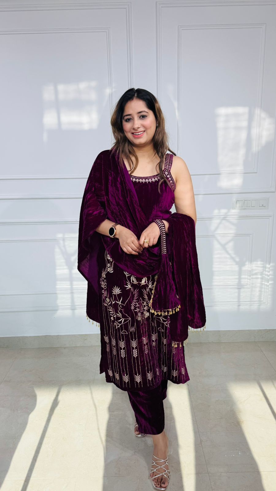 Ruby | Velvet Sleeveless Embroidered Kurta Set with Dupatta