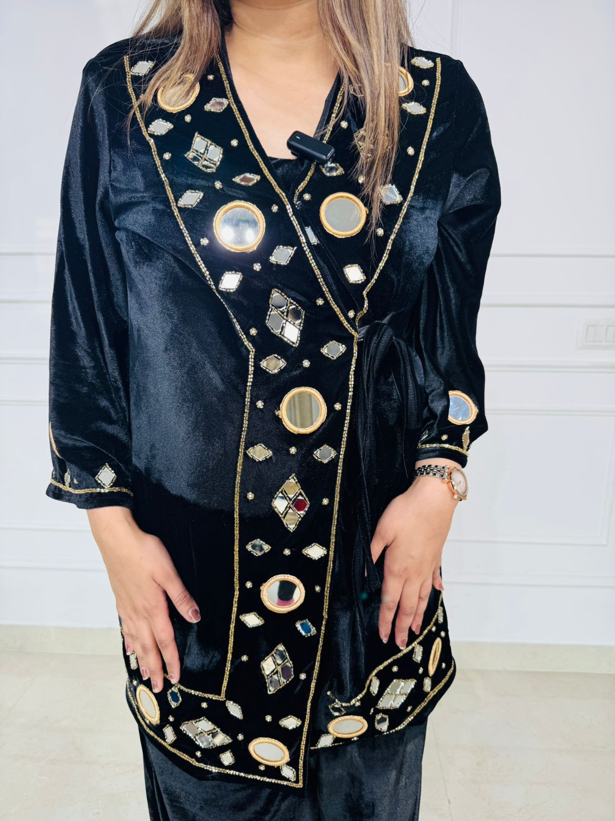 Airi | Black Velvet Mirror‑Work Kurta Palazzo Co‑Ord Set with Hand Embellished Yoke for Festive & Wedding Wear