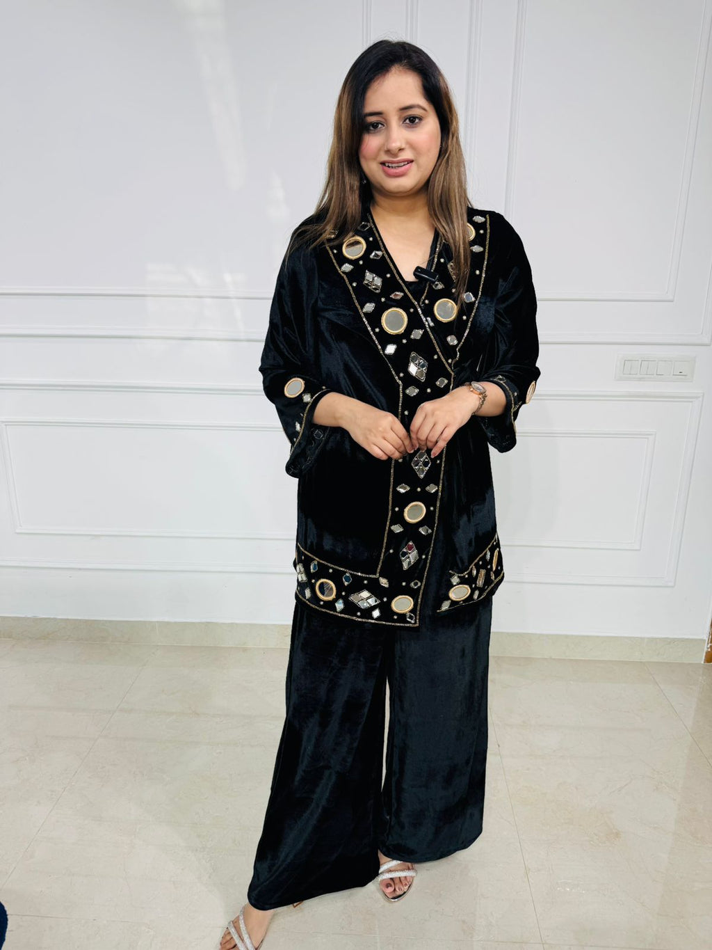 Airi | Black Velvet Mirror‑Work Kurta Palazzo Co‑Ord Set with Hand Embellished Yoke for Festive & Wedding Wear