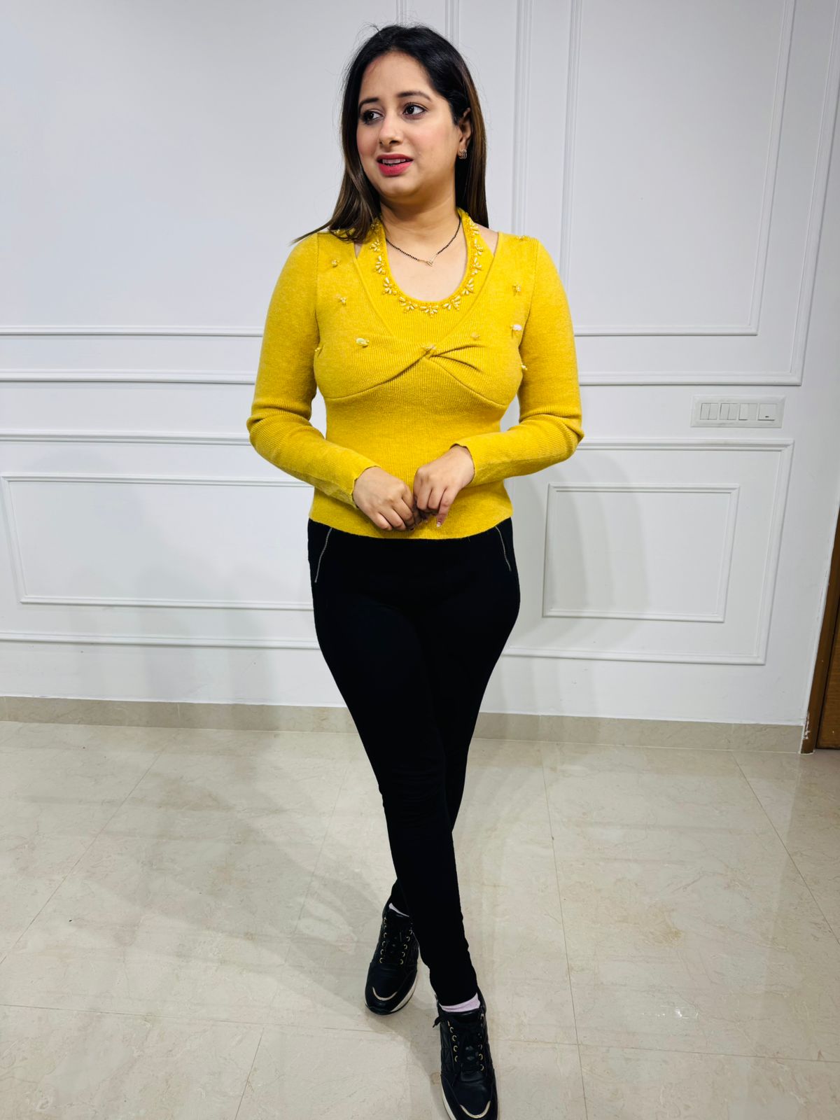 Mellowa | Embellished Twist Front Knit Top for Women – Mustard Long Sleeve Party Sweater