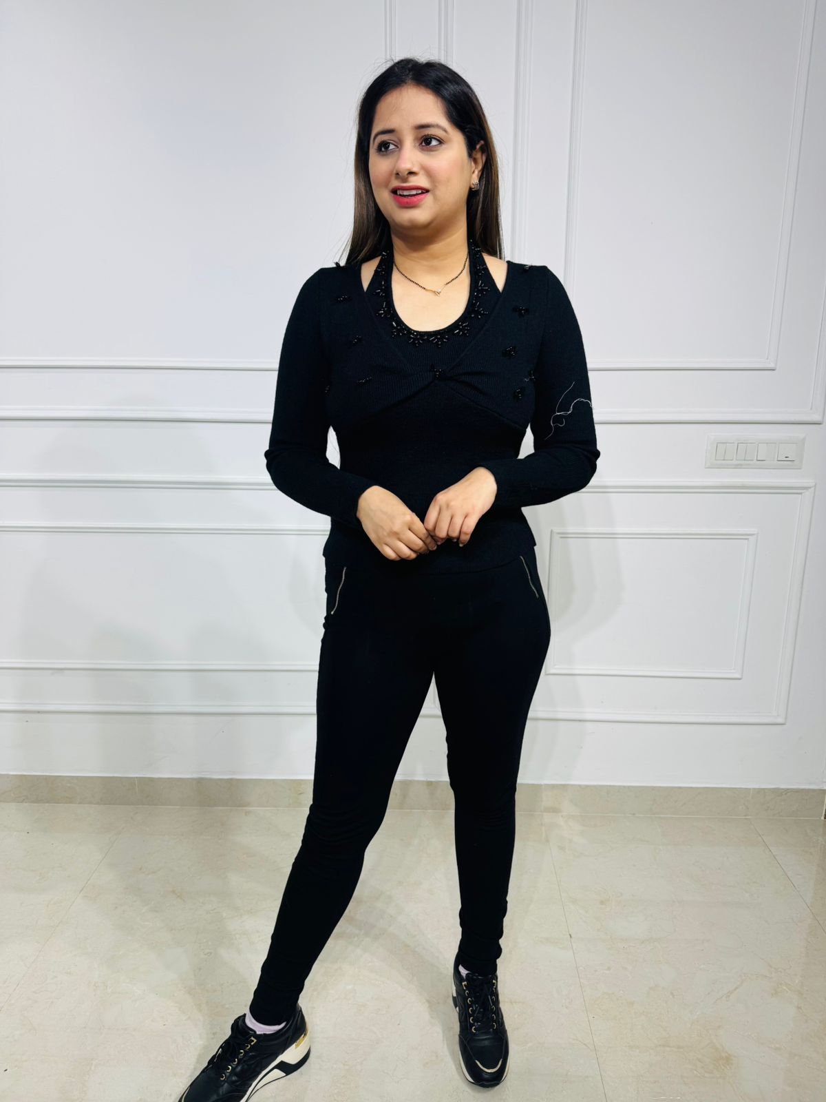 Bowelle | Black Beaded Bow Twist Knit Top for Women – Sequin Embellished Sweater