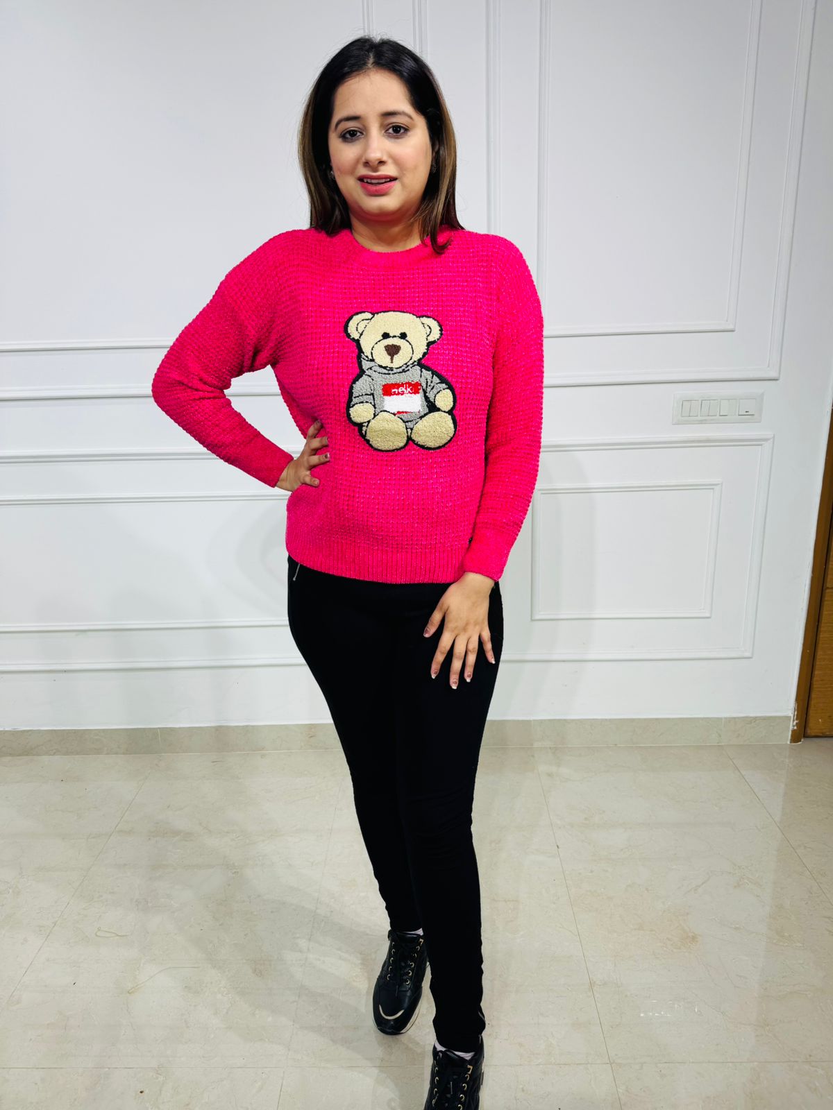 Teddiya | Hot Pink Teddy Motif Sweater for Women – Cozy Graphic Knit Pullover