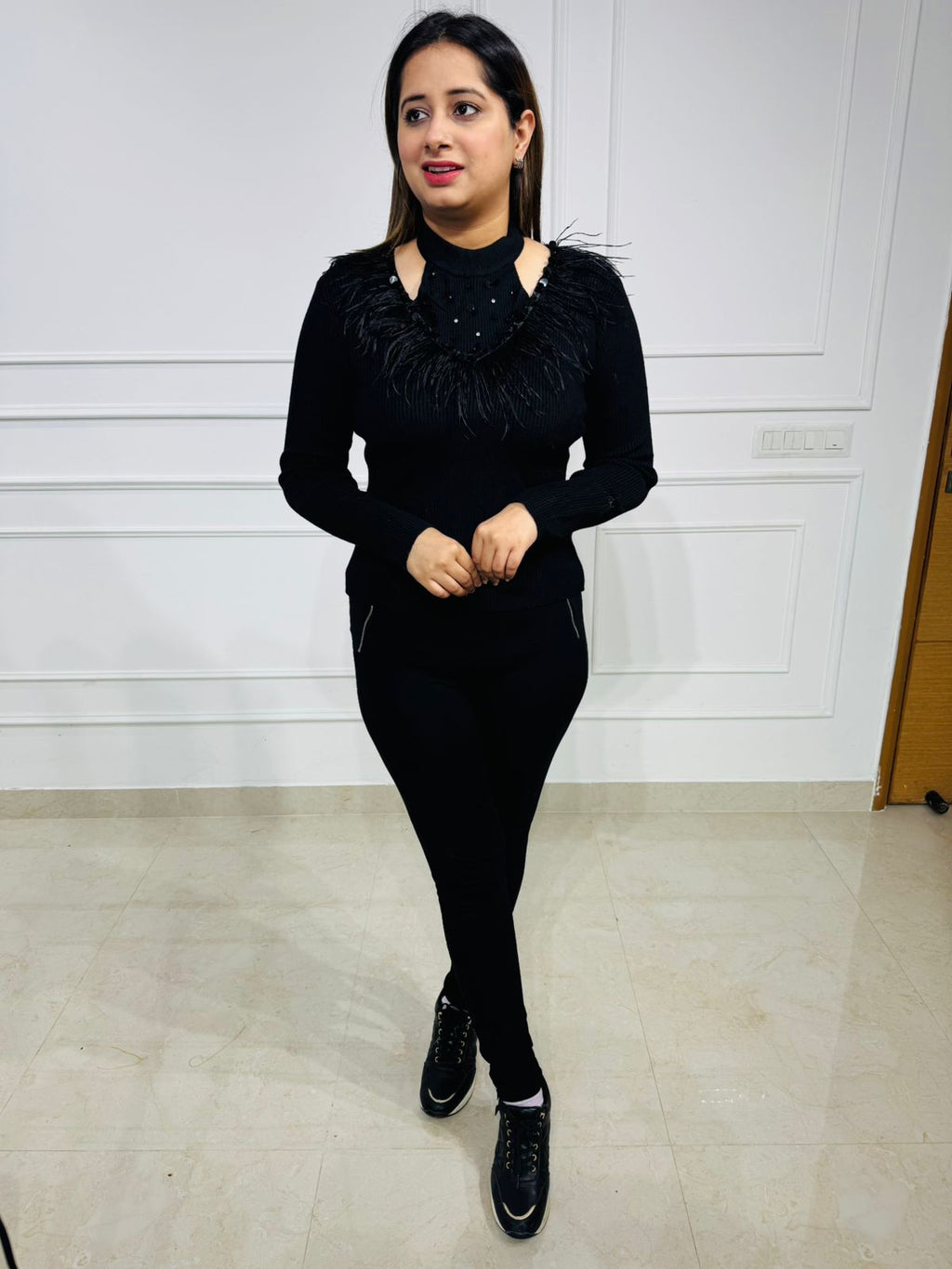 Feathra | Feather Embellished High Neck Knit Top for Women – Black Party Sweater