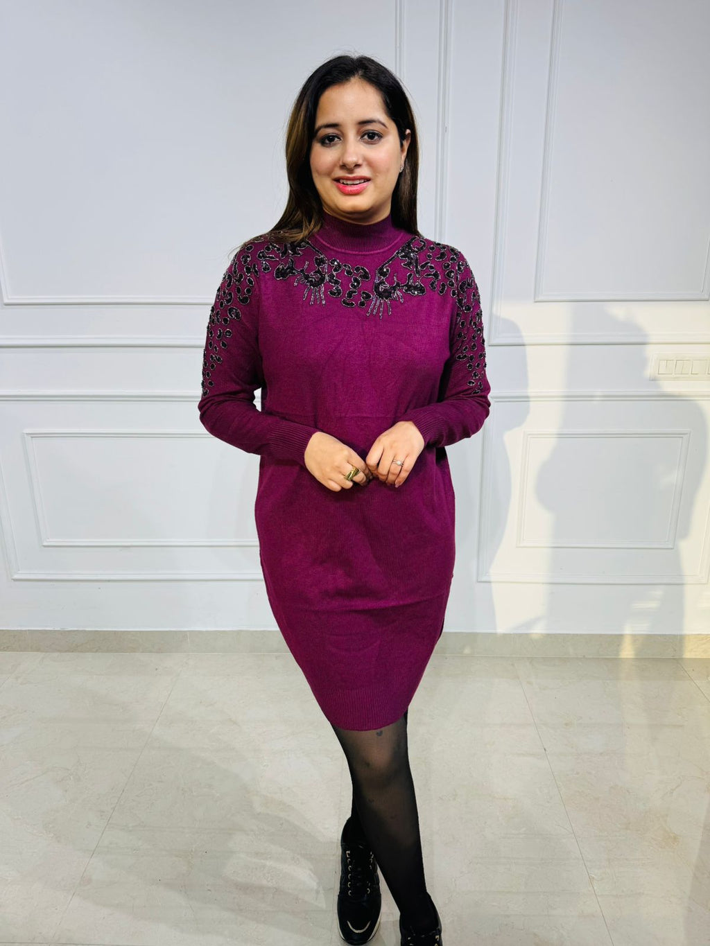 Aivah | Magenta High‑Neck Woollen Dress