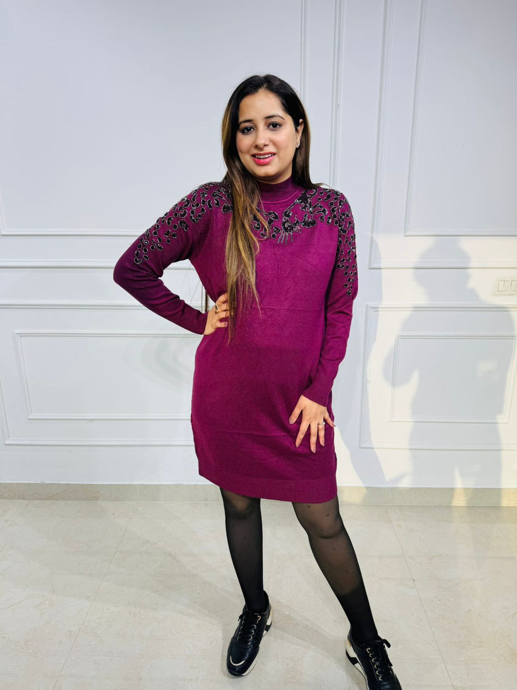 Aivah | Magenta High‑Neck Woollen Dress