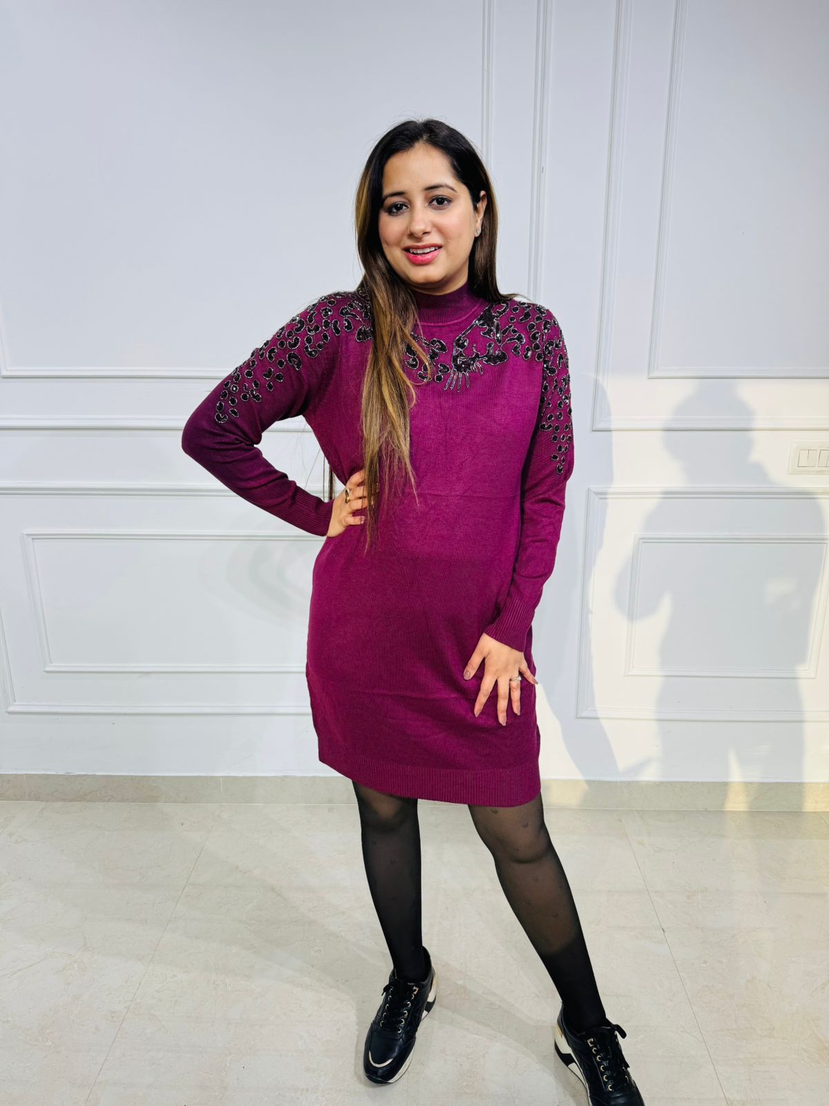 Aivah | Magenta High‑Neck Woollen Dress