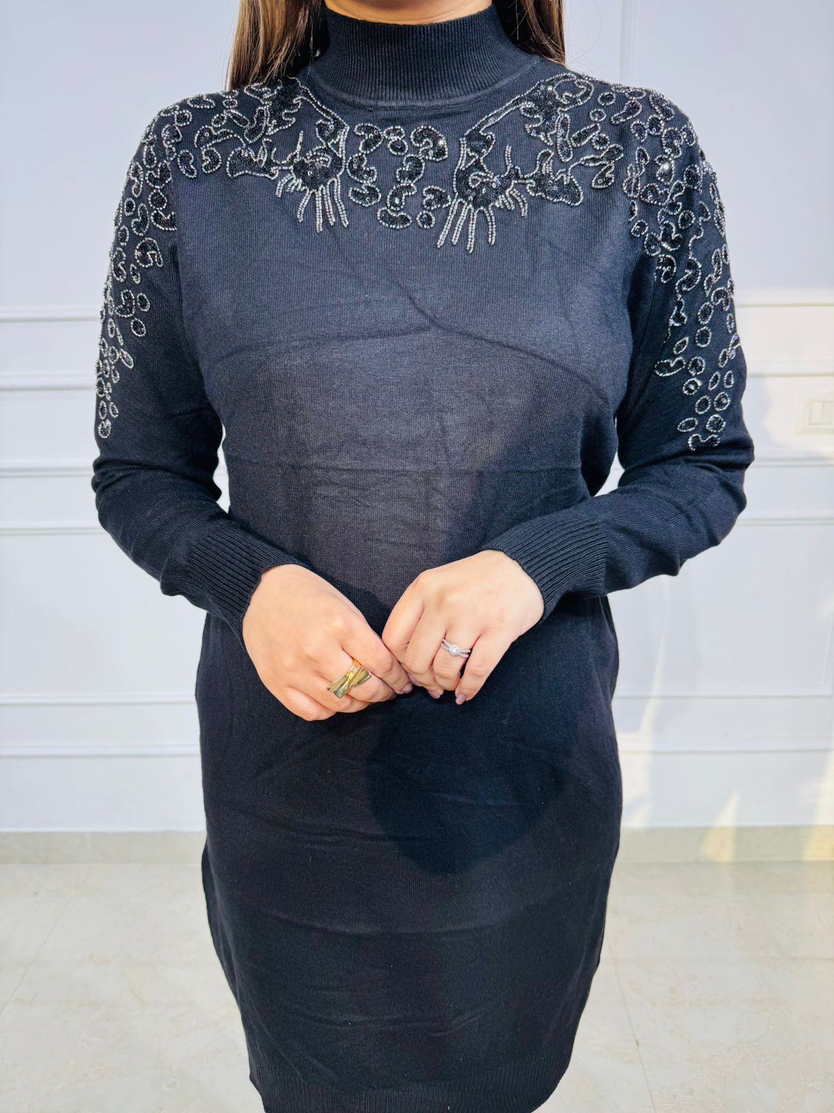 Aivah | Black High‑Neck Woollen Dress