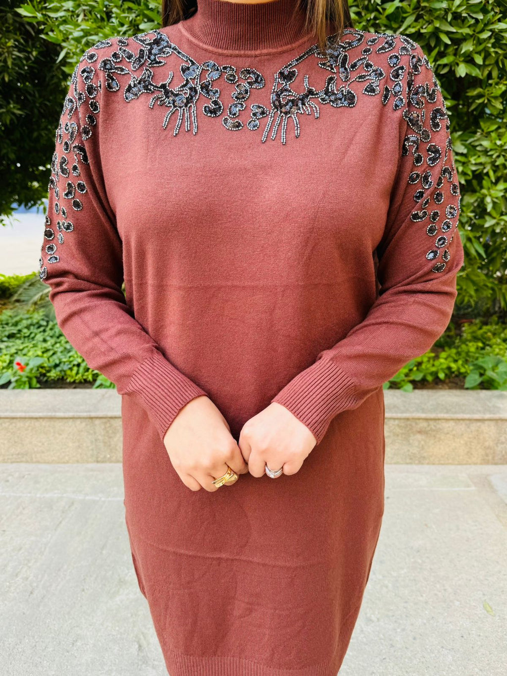 Aivah | Rust High‑Neck Woollen Dress