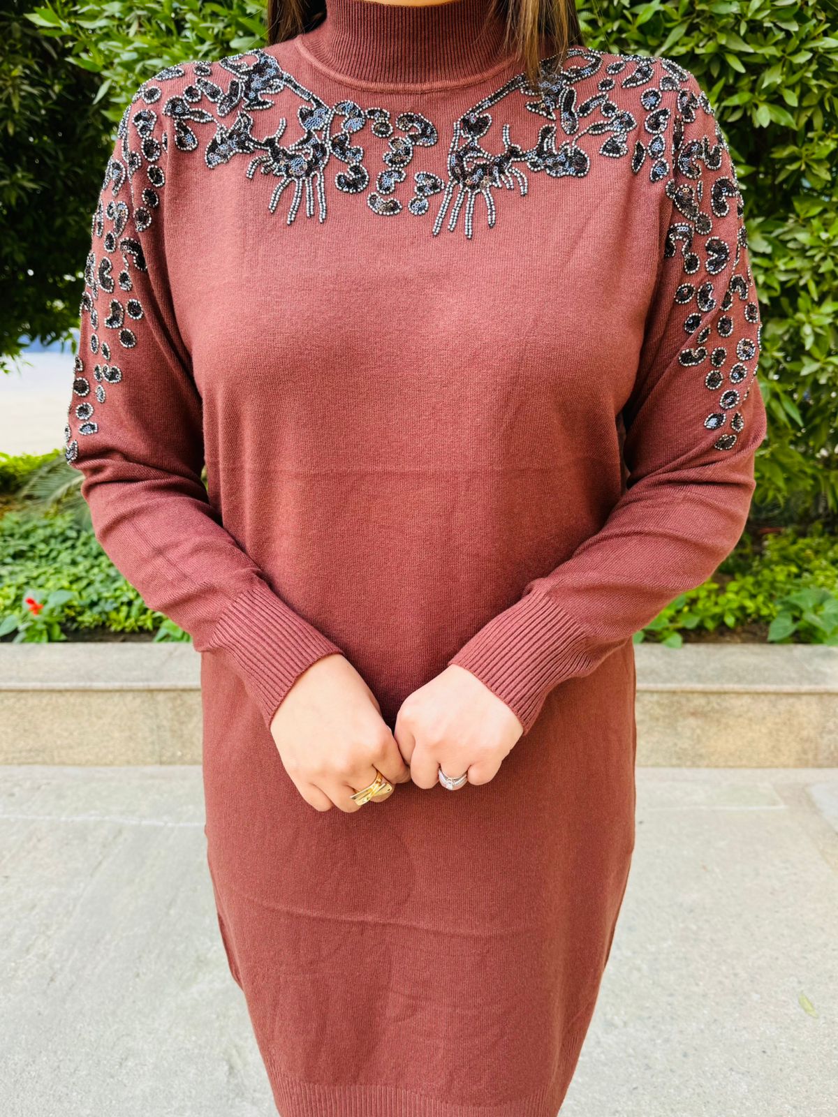 Aivah | Rust High‑Neck Woollen Dress