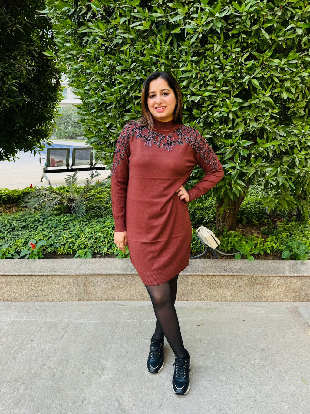 Aivah | Rust High‑Neck Woollen Dress