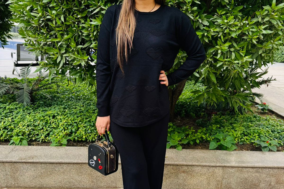 Noctia | Black Heart Knit Co-ord Set for Casual Outings & Winter Brunch