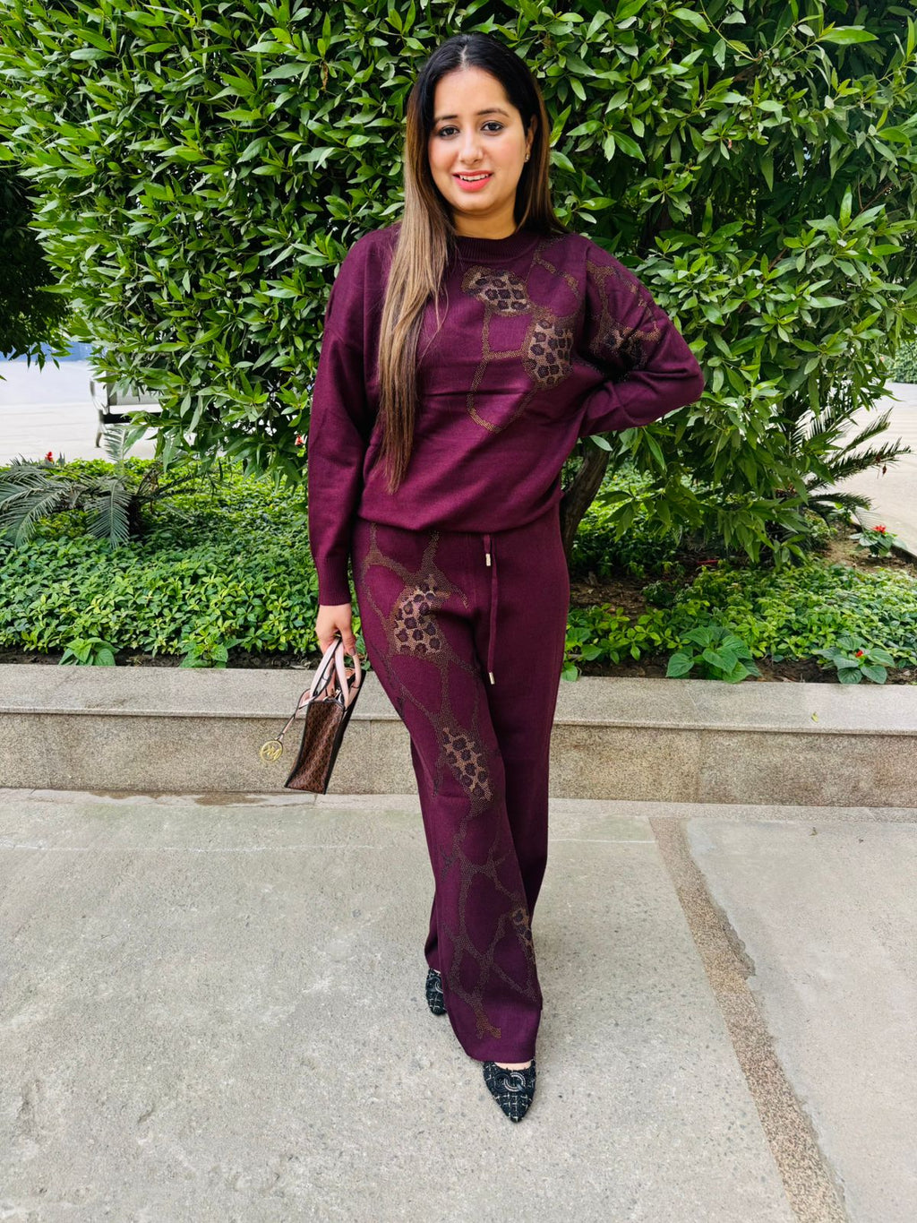 Wintra | Wine Purple Leopard Print Co-ord Set for Casual Winter Styling