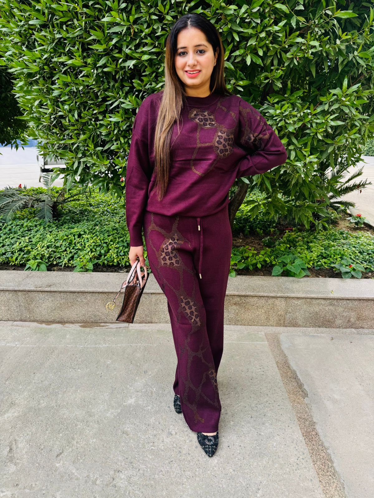 Wintra | Wine Purple Leopard Print Co-ord Set for Casual Winter Styling