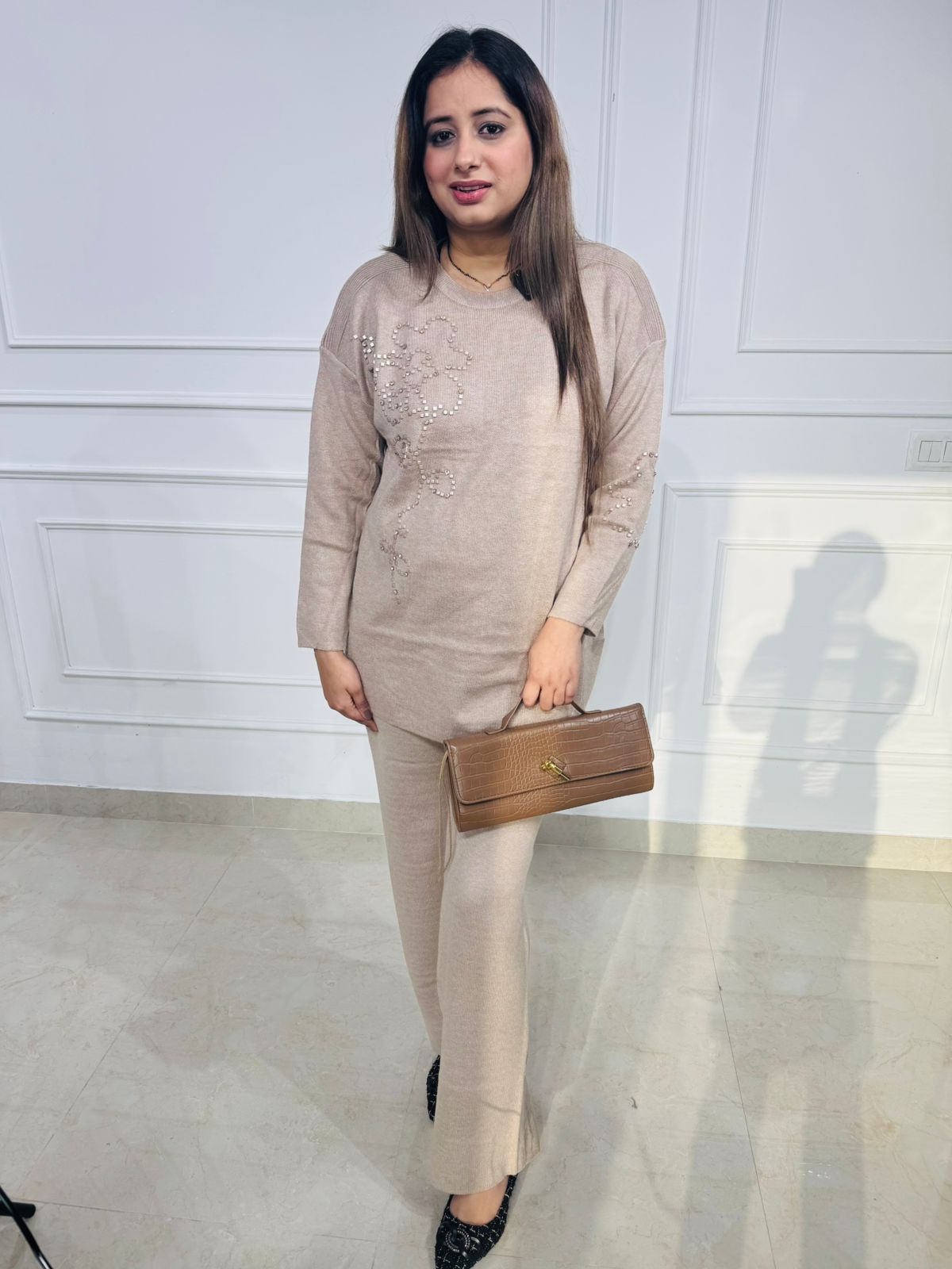 Beigea | Beige Floral Sequin Knit Co-ord Set for Elegant Winter Casual