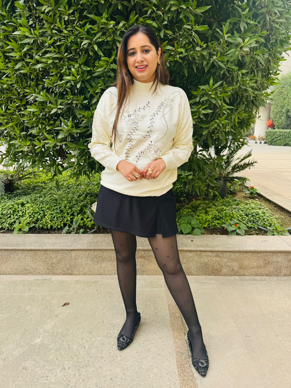 Pearlwhisper | High-Neck Beaded Floral Sweatshirt