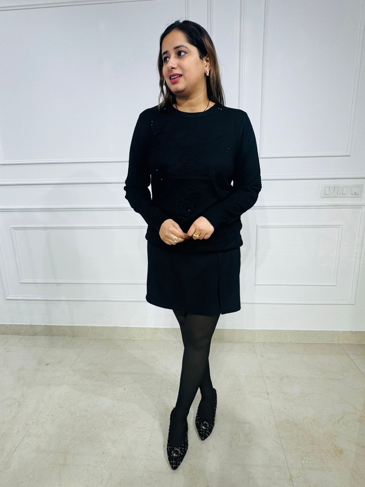 Nightorb | Crewneck Sequin Circle Shoulder Pad Sweater