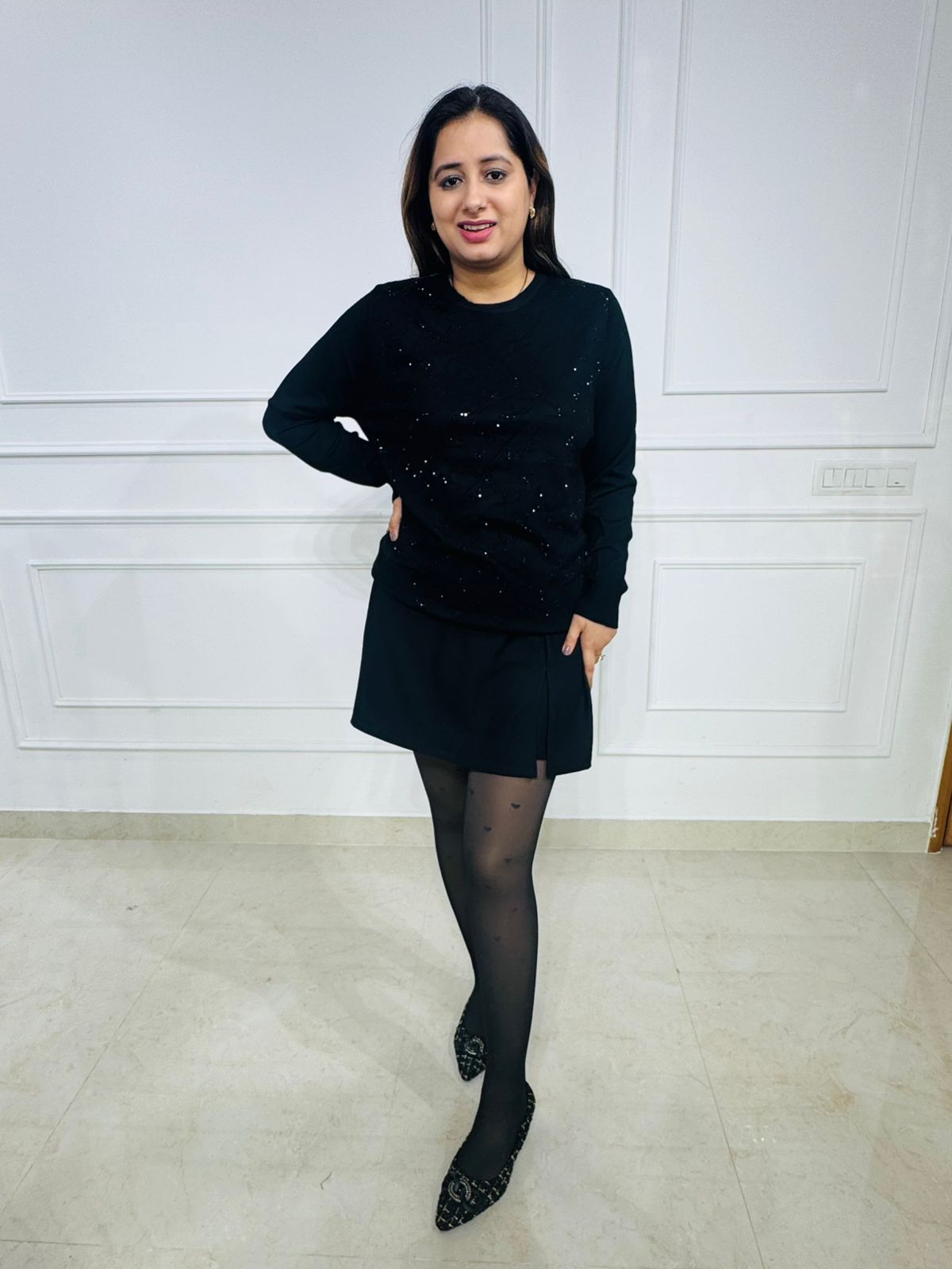 Shimmer | Black Sequin Crewneck Sweater Top